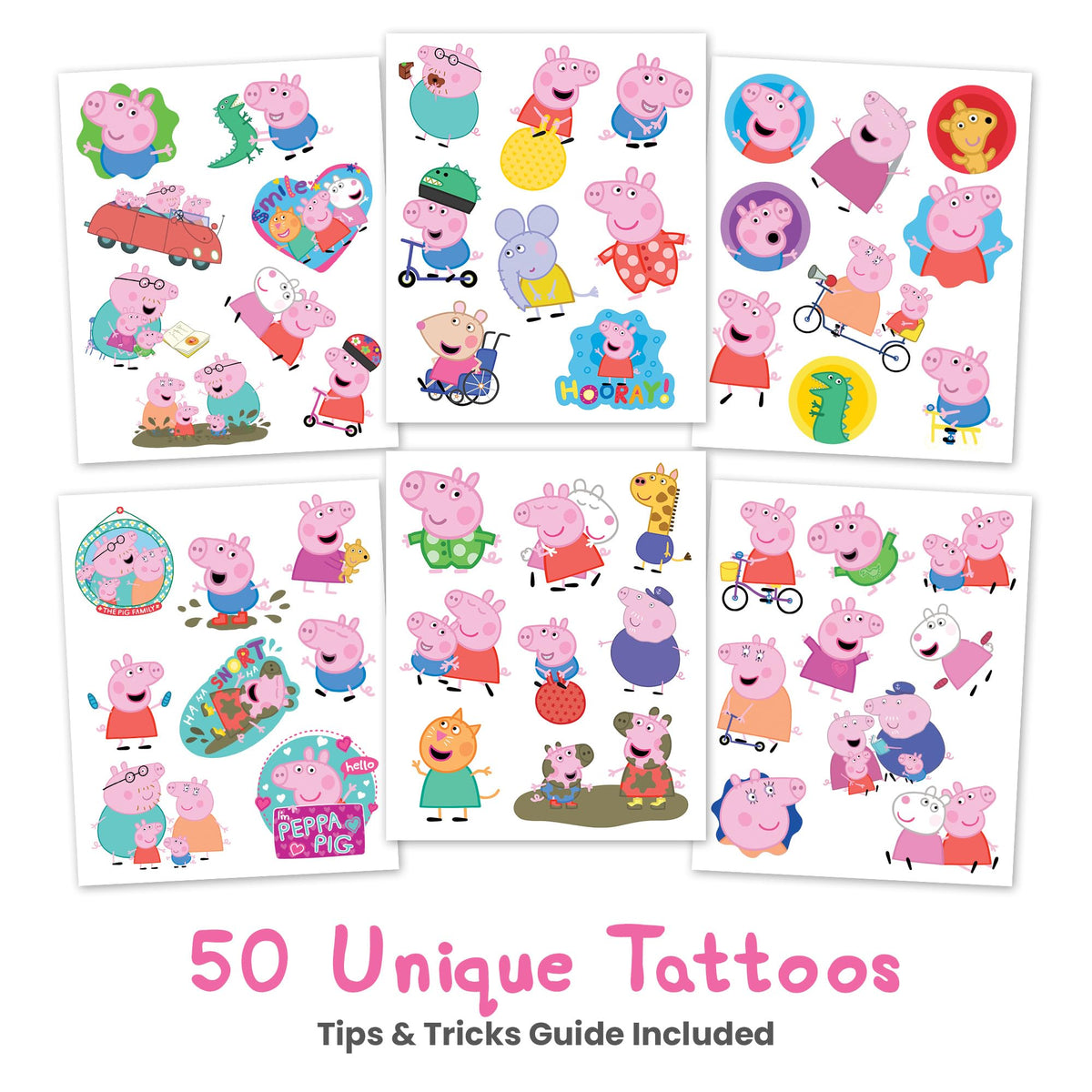 Savvi six sheets laid flat displaying all 50 Peppa Pig tattoos advantage