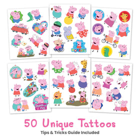 Savvi six sheets laid flat displaying all 50 Peppa Pig tattoos advantage