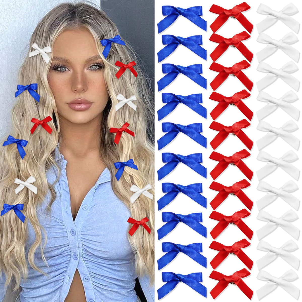 SAWINDA front pack of 30 red white blue bows showing full set and colors