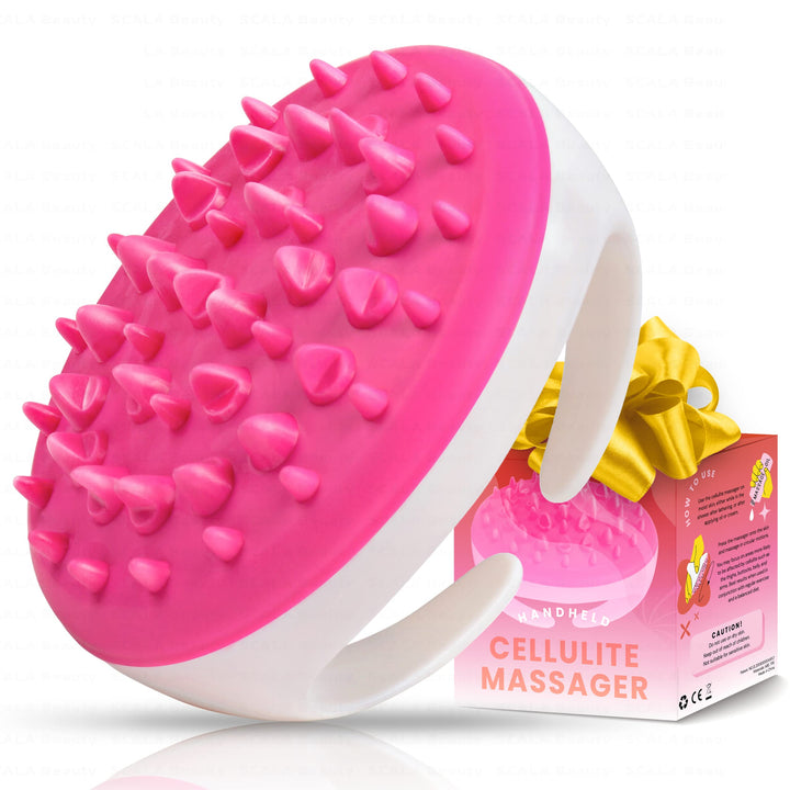 Scala front view of pink silicone massager showing ergonomic grip and benefits