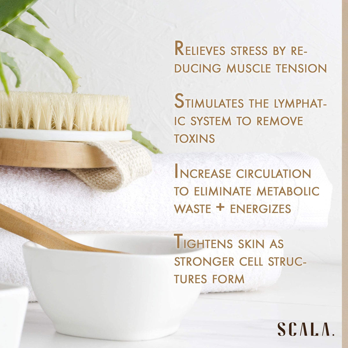 Scala brush in bathroom lifestyle scene illustrating daily self-care routine benefit