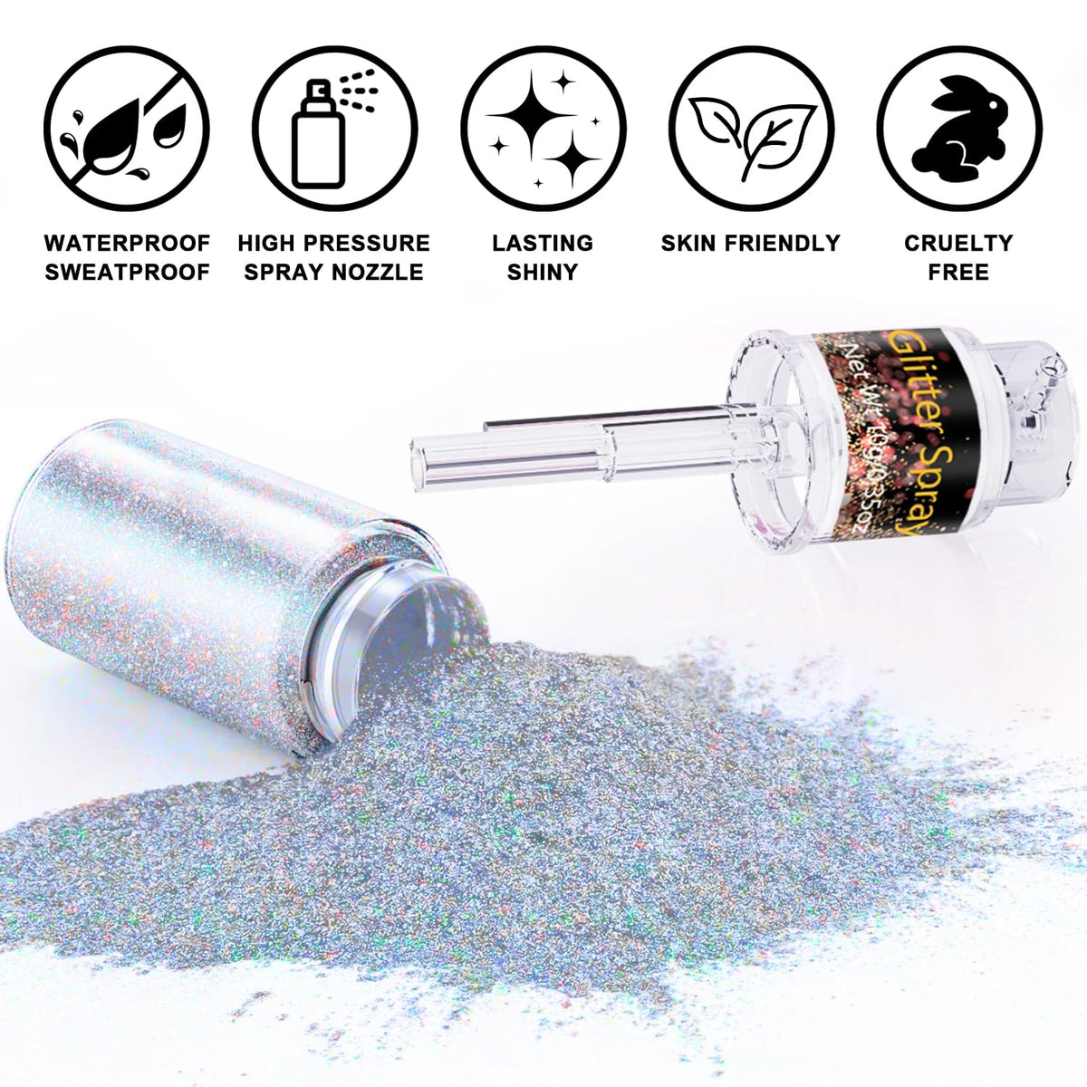 Scarman glitter spray mist applied to hair roots, adds instant festival-ready shimmer