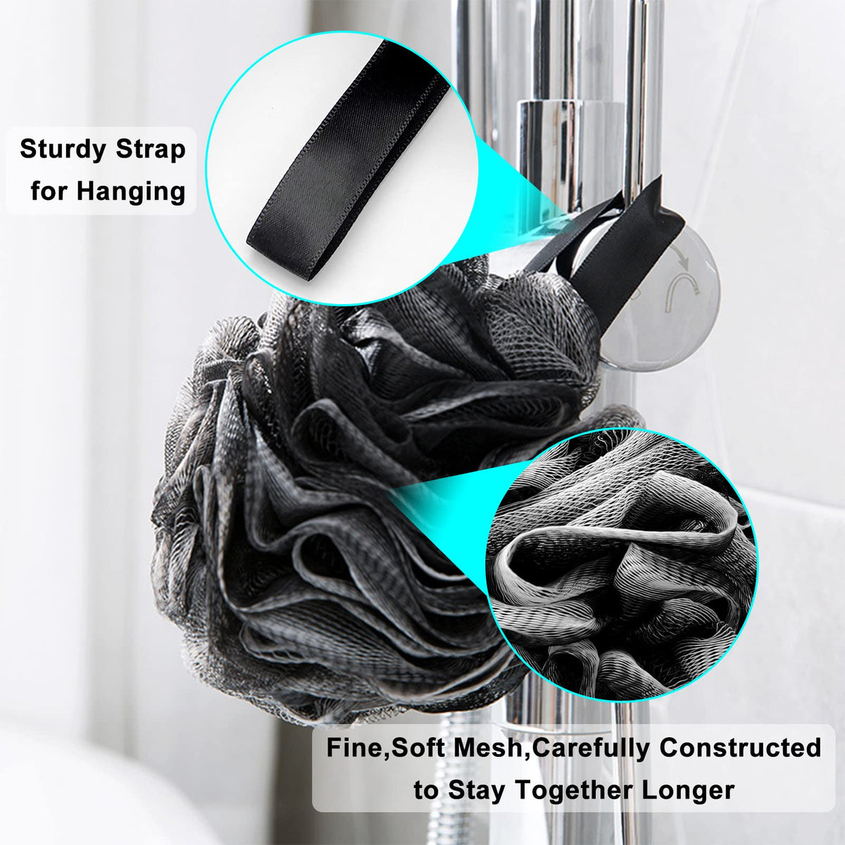 Scartink loofah hanging on shower hook showing reinforced loop for fast drying