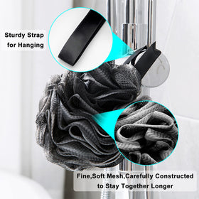 Scartink loofah hanging on shower hook showing reinforced loop for fast drying