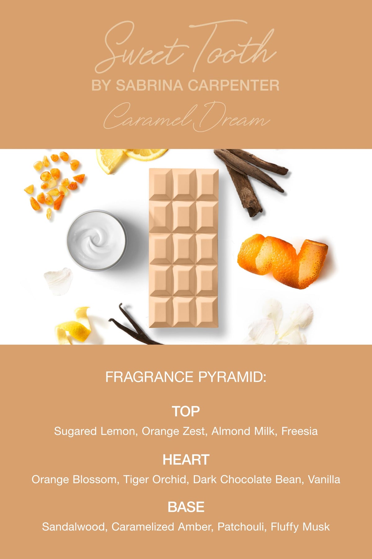 SCENT BEAUTY Sabrina Carpenter flatlay of key notes showing caramel and chocolate