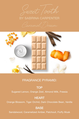 SCENT BEAUTY Sabrina Carpenter flatlay of key notes showing caramel and chocolate