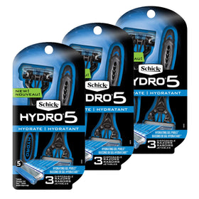 Schick Hydro 5 front packaging showing nine disposables and benefits