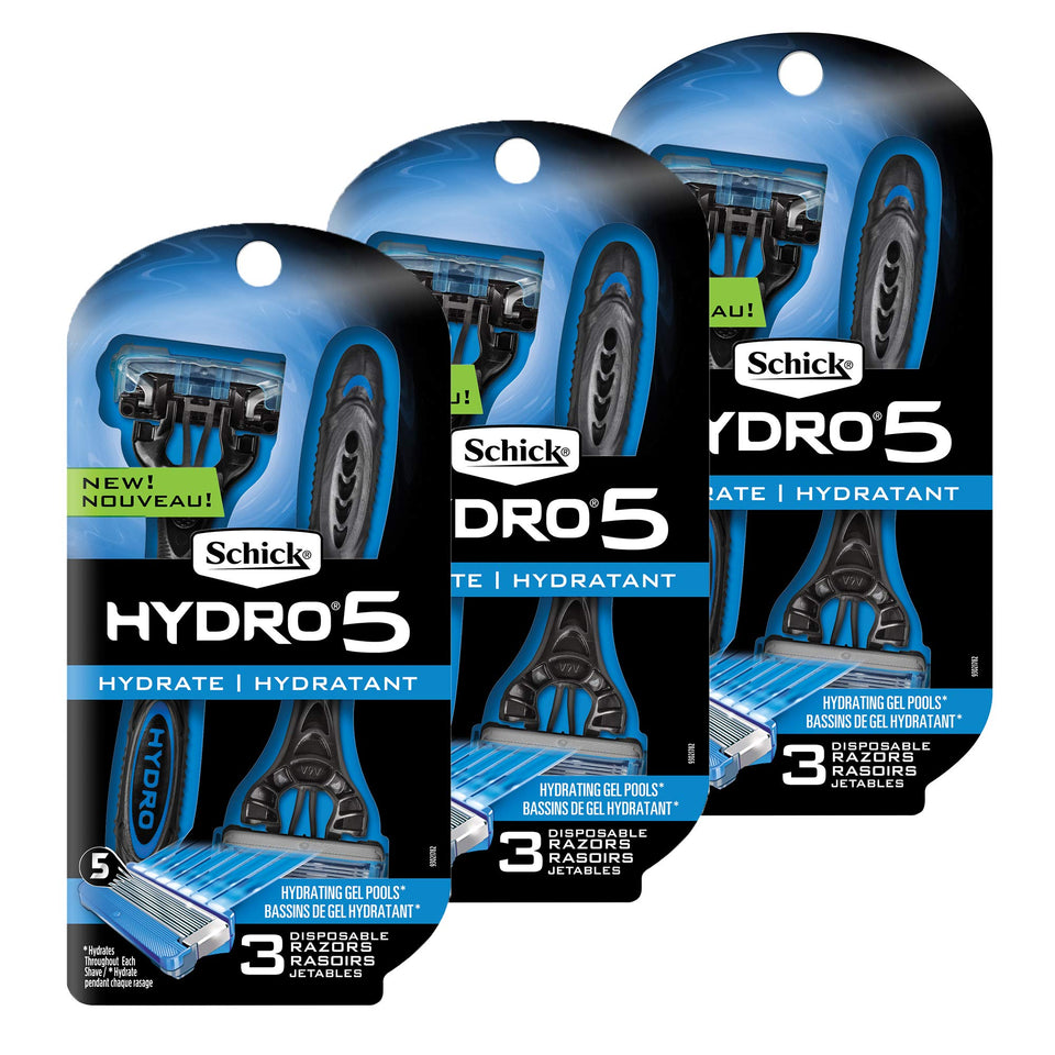 Schick Hydro 5 front packaging showing nine disposables and benefits