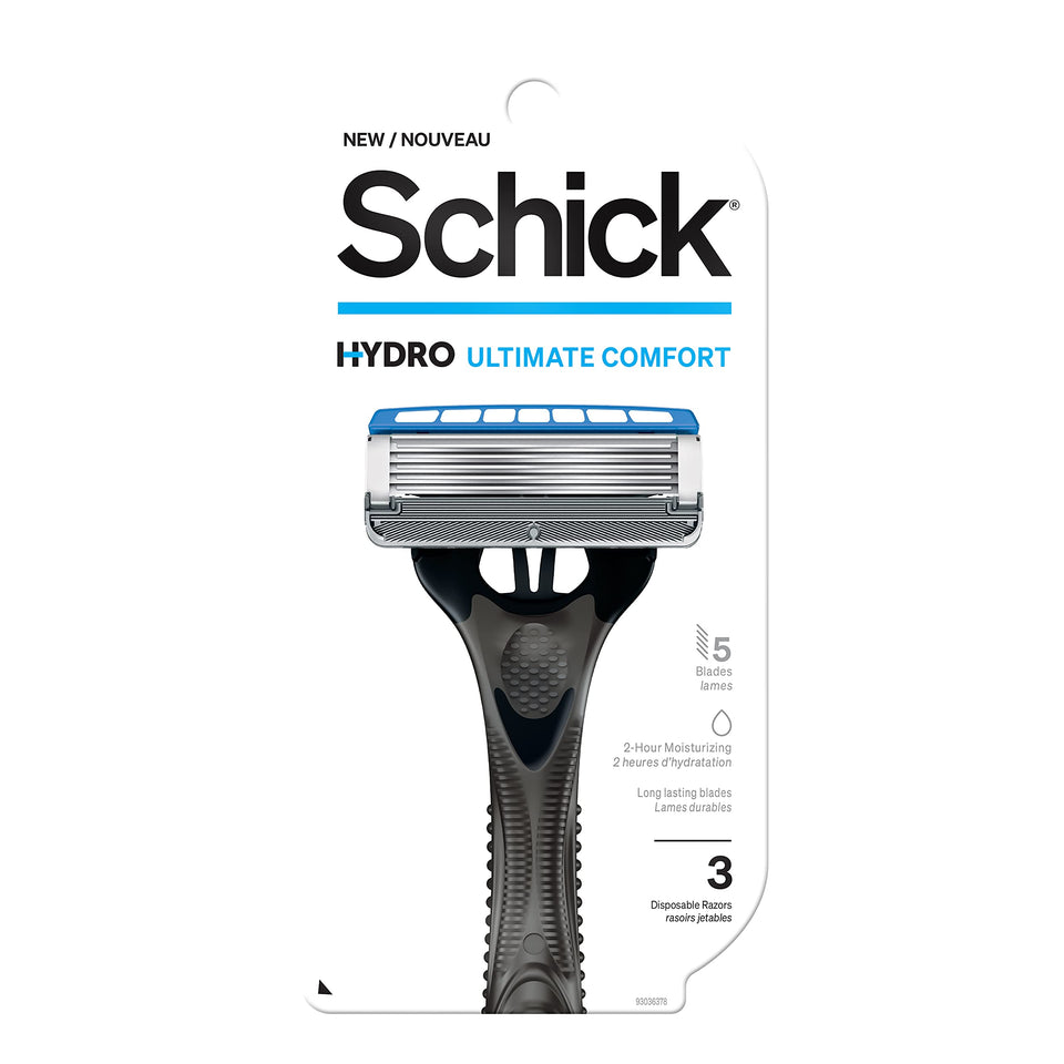 Schick Hydro 5 front packaging showing three disposable razors and features benefit of convenience