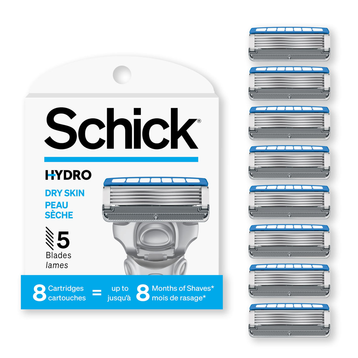Schick Hydro 5 front packaging showing blades and hydrate gel for smoother shaves