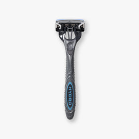 Schick Hydro 5 ergonomic rubber grip close-up for secure control benefit