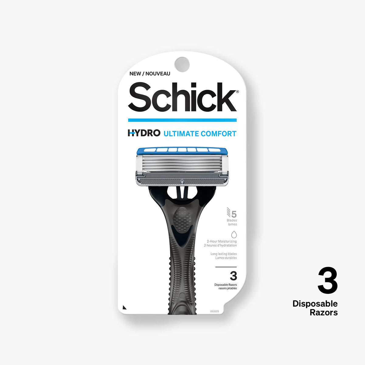 Schick Hydro 5 close-up of five ultra-glide blades showing reduced friction benefit
