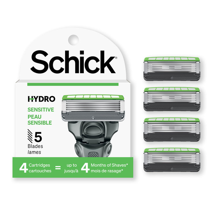Schick Hydro 5 refills front pack showing blades for smoother, less-irritating shaves