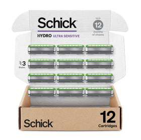Schick Hydro refill pack front view showing 12 cartridges and benefits