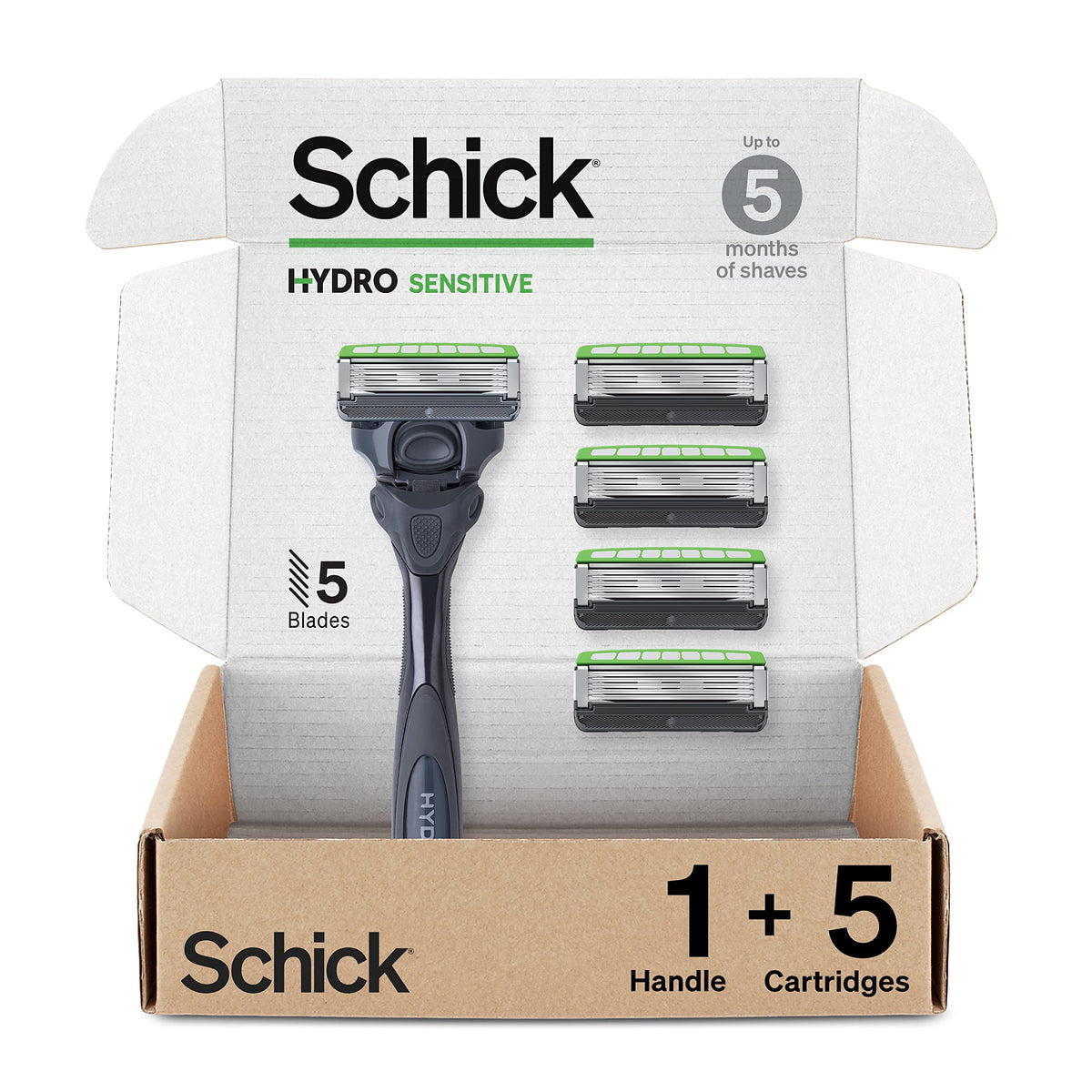 schick Hydro Sensitive front packaging showing razor and cartridges for reassurance