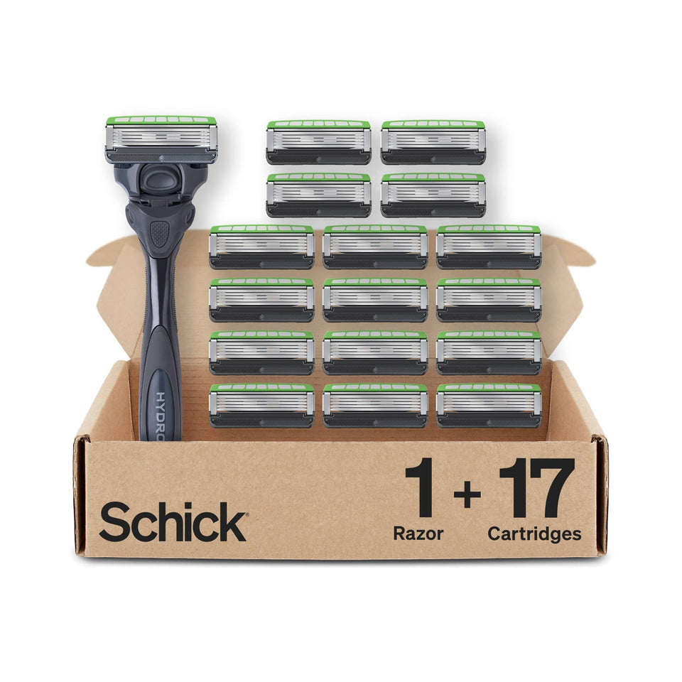 Schick Hydro Sensitive front packaging showing full kit and long-lasting supply benefits