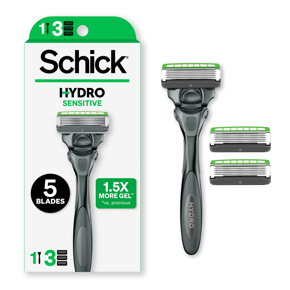 Schick Hydro showing front packaging and included handle for clear contents benefit