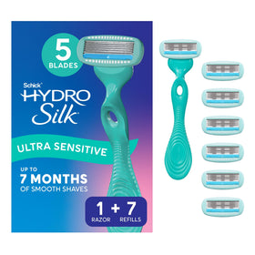 Schick Hydro Silk front packaging showing razor handle and seven refills for long-lasting use
