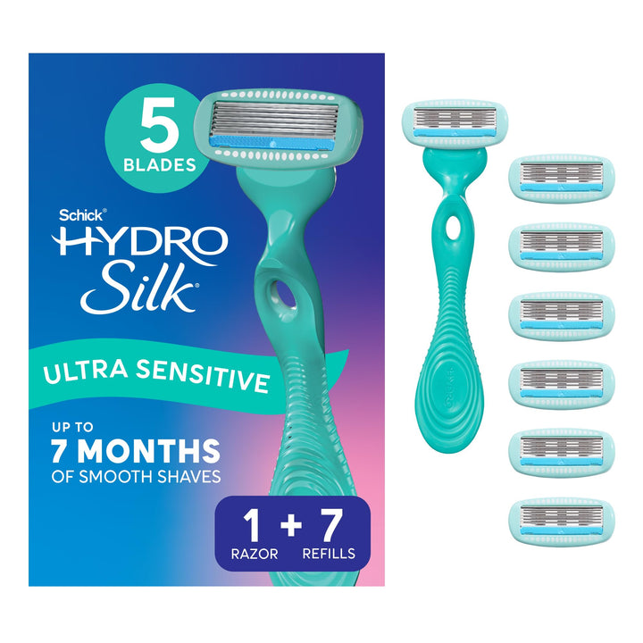 Schick Hydro Silk front packaging showing razor handle and seven refills for long-lasting use