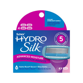 Schick Hydro Silk front packaging showing four razor refills and product branding for easy replacement