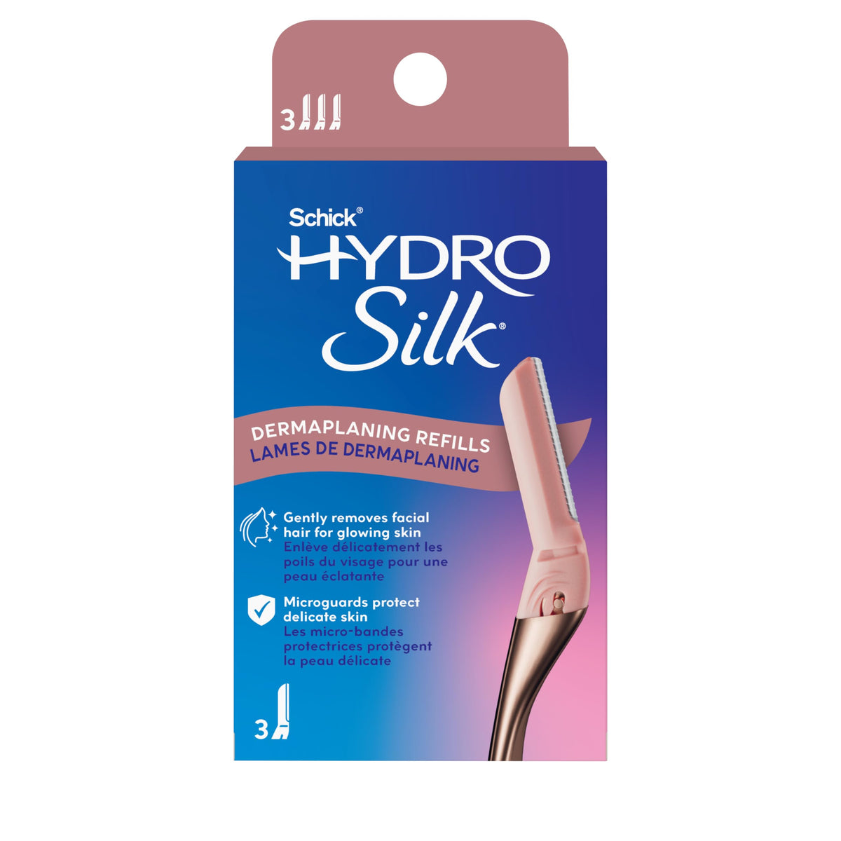 Schick Hydro Silk front packaging displaying three refill blades and branding, clear benefits visible