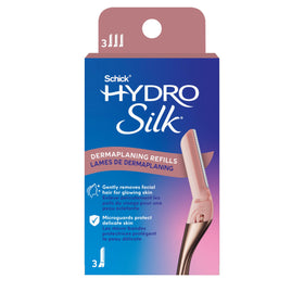 Schick Hydro Silk front packaging displaying three refill blades and branding, clear benefits visible