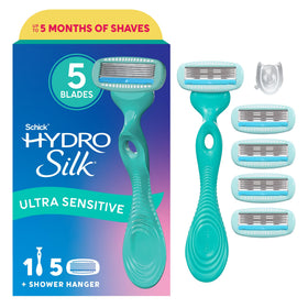 Schick Hydro Silk front packaging showing included handle and five refills for convenience