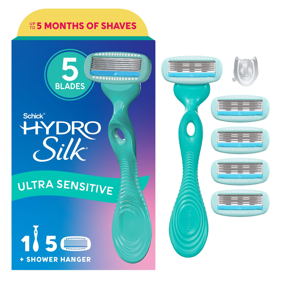 Schick Hydro Silk front packaging showing included handle and five refills for convenience