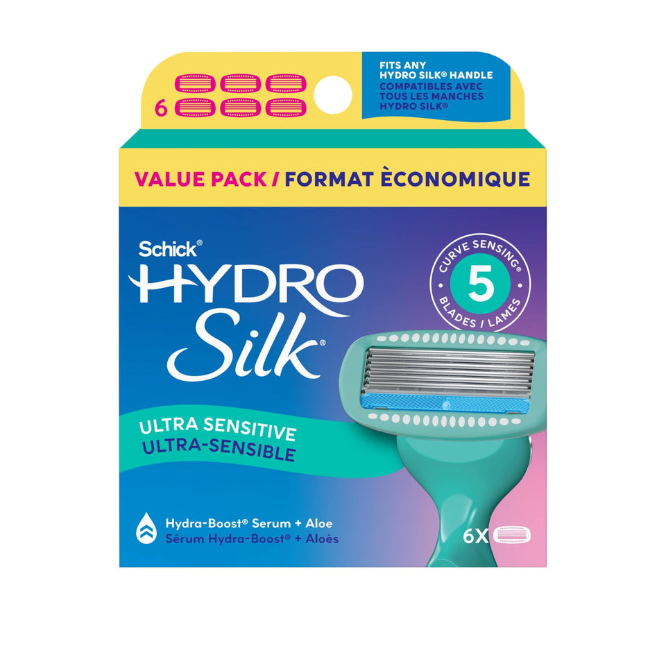 Schick Hydro Silk front packaging showing six refill cartridges and benefits