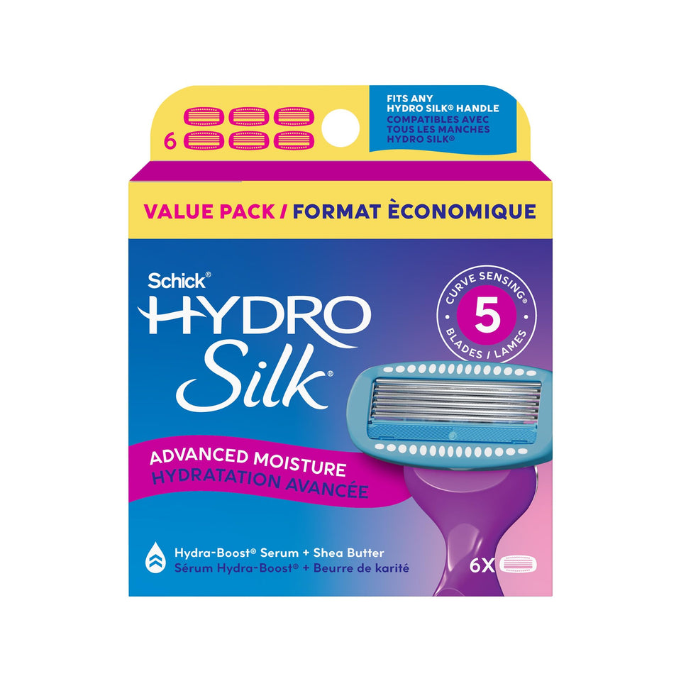 Schick Hydro Silk front packaging showing six refill cartridges and product benefits