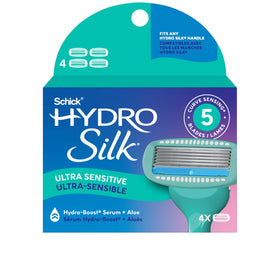 Schick Hydro Silk front packaging showing four Ultra Sensitive refill cartridges and benefits
