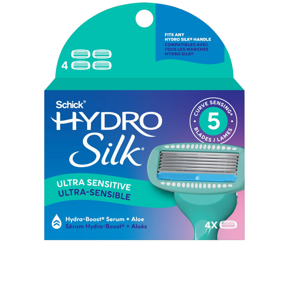 Schick Hydro Silk front packaging showing four Ultra Sensitive refill cartridges and benefits