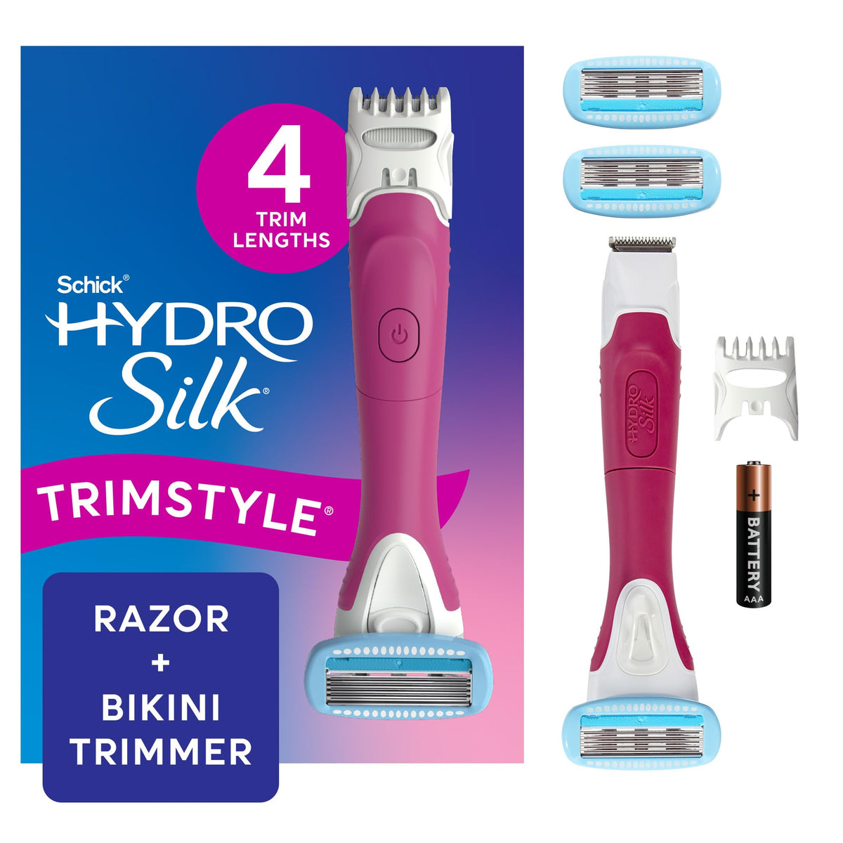 Schick Hydro Silk front packaging showing included handle and refills for easy start