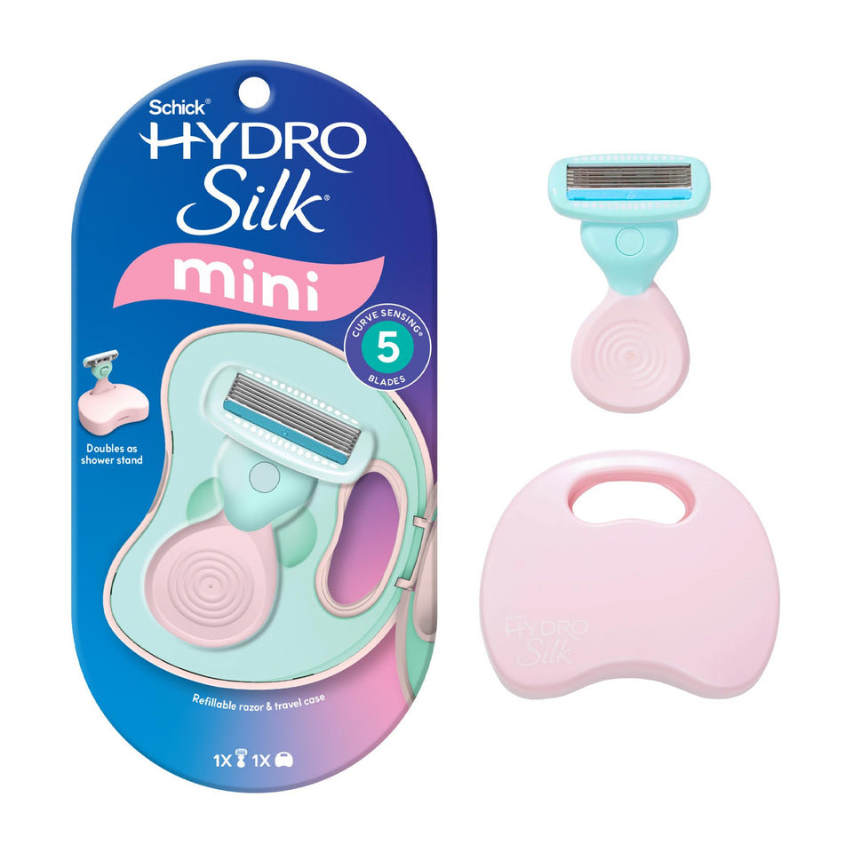 Schick Hydro Silk front packaging showing compact travel kit and benefits