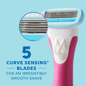 Schick Hydro Silk razor blades close-up showing five curve-sensing blades for smoother shaves