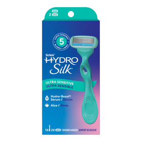 schick front packaging showing razor set and benefits for sensitive skin