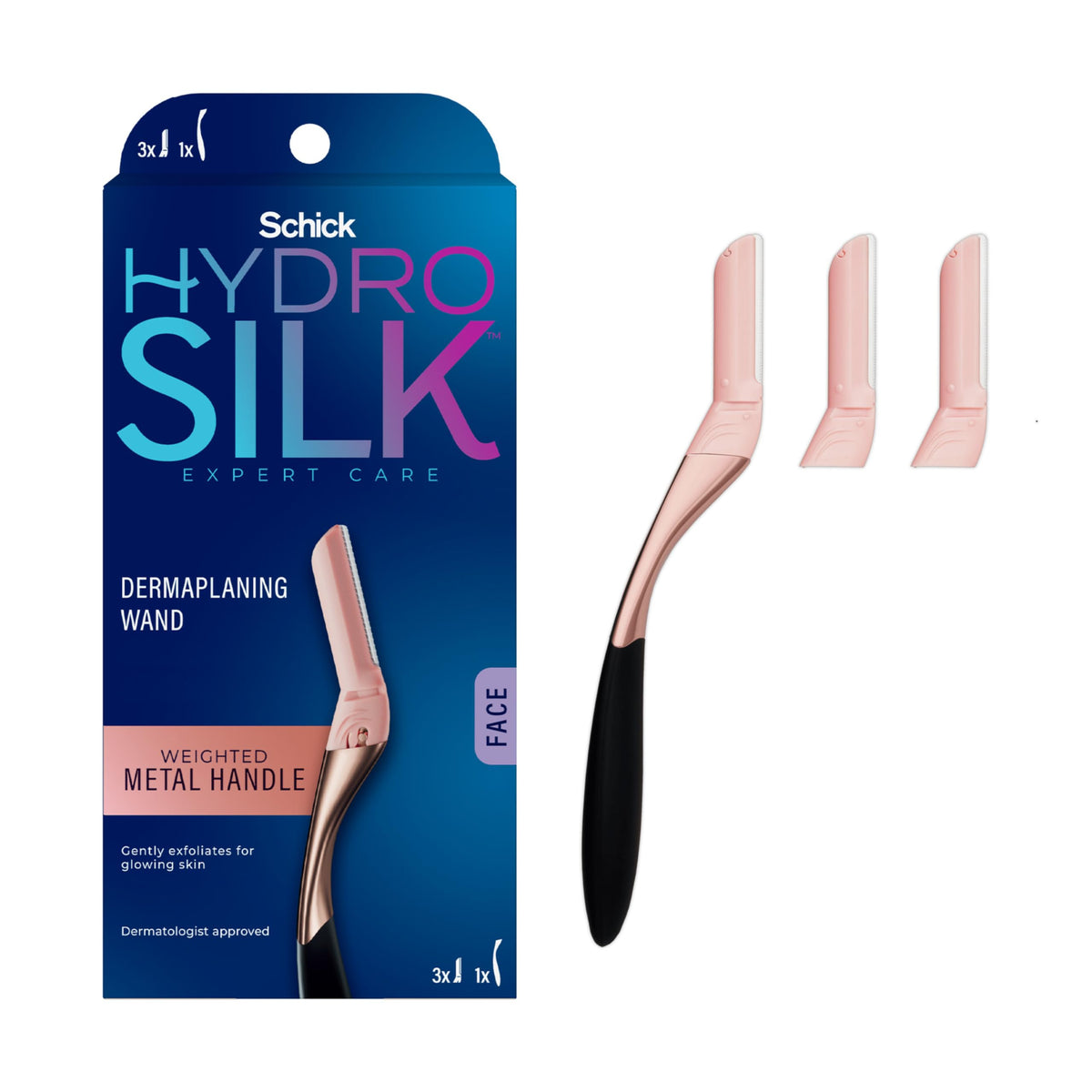 Schick Hydro Silk wand front view showing ergonomic handle and blade for precise control