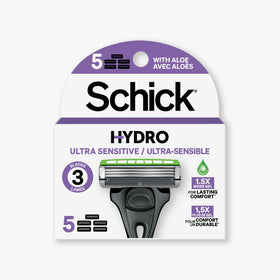 schick front packaging showing five refill cartridges and benefits