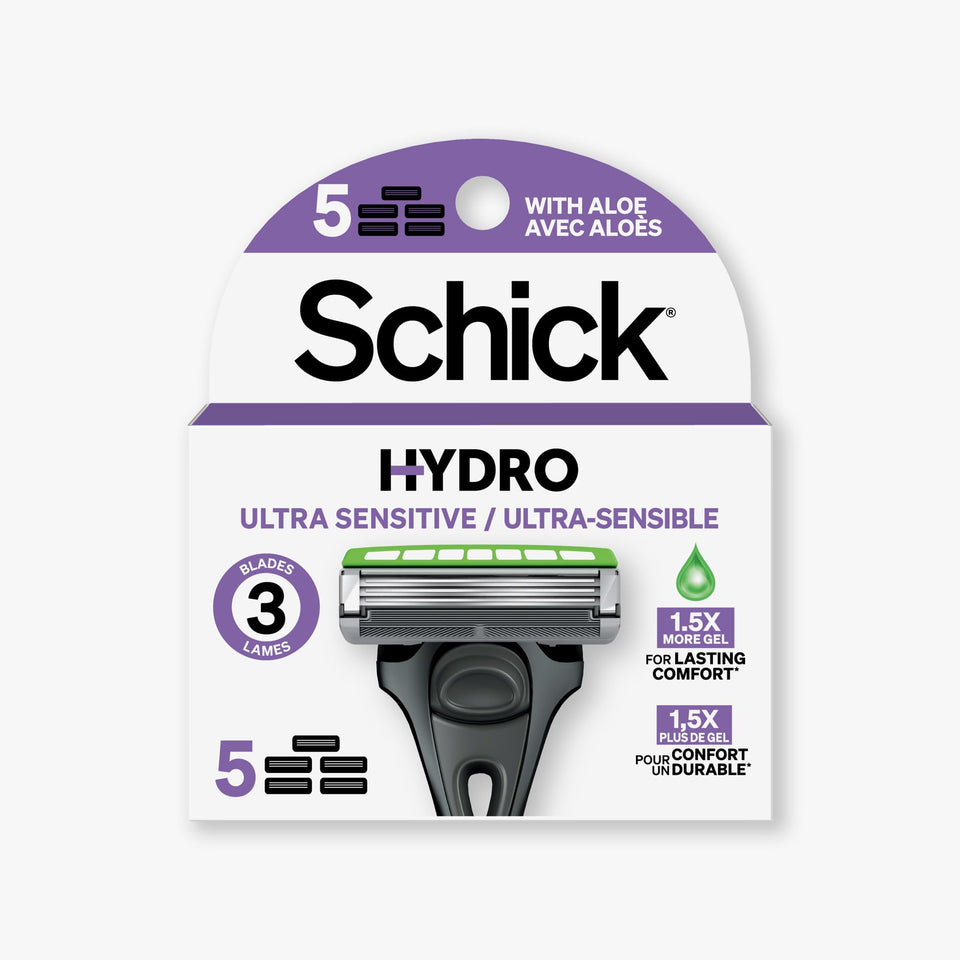 schick front packaging showing five refill cartridges and benefits