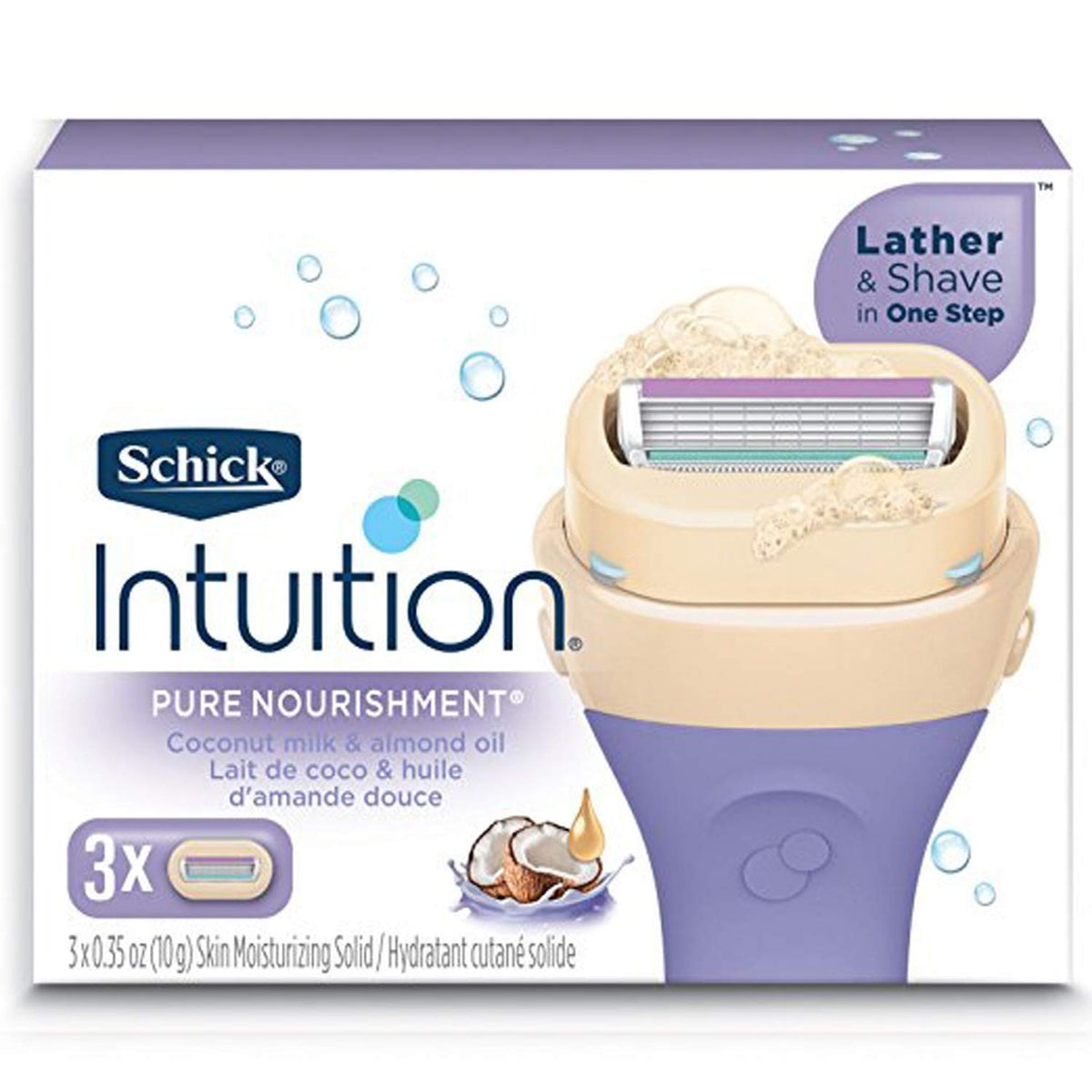 Schick Intuition cartridge close up of coconut moisture ribbon and blades for smoother shaves