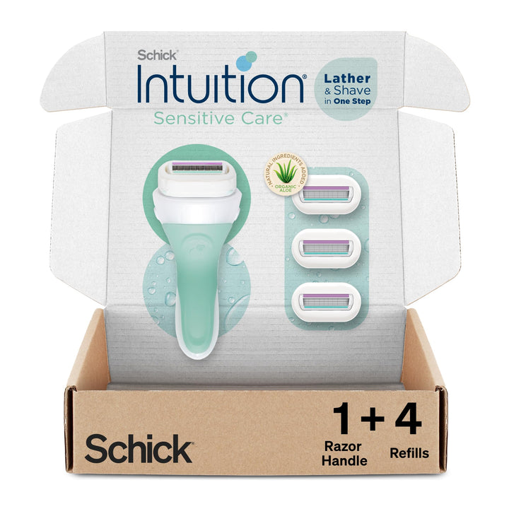 Schick Intuition front packaging highlighting aloe moisturizing benefit