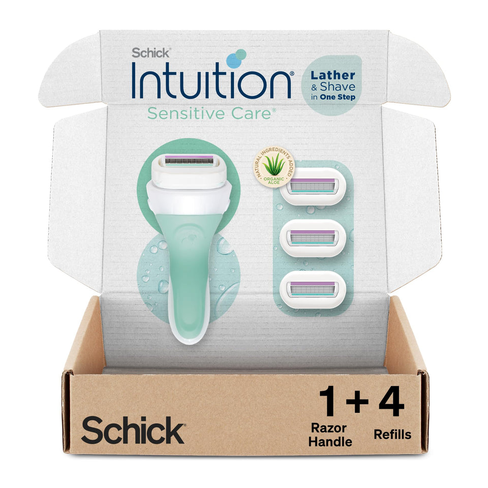 Schick Intuition front packaging highlighting aloe moisturizing benefit