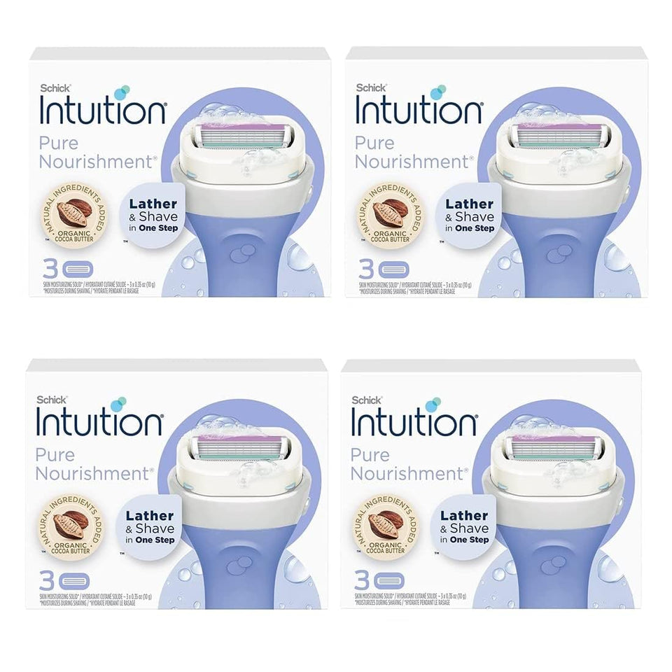 Schick Intuition front packaging showing 12 refills and benefits for quick use