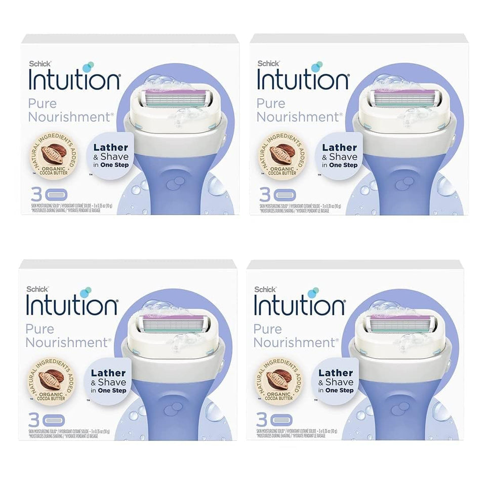 Schick Intuition front packaging showing 12 refills and moisturizing benefits