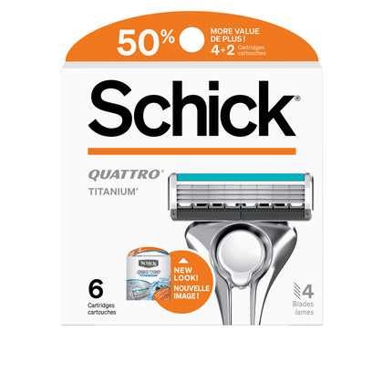 Schick Quattro front packaging showing six cartridges and clear branding for quick restocking benefit