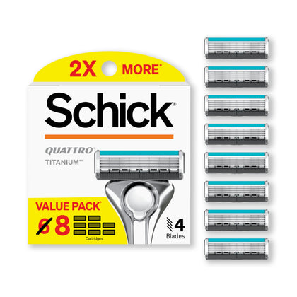 Schick Quattro front packaging showing eight cartridges and product benefits