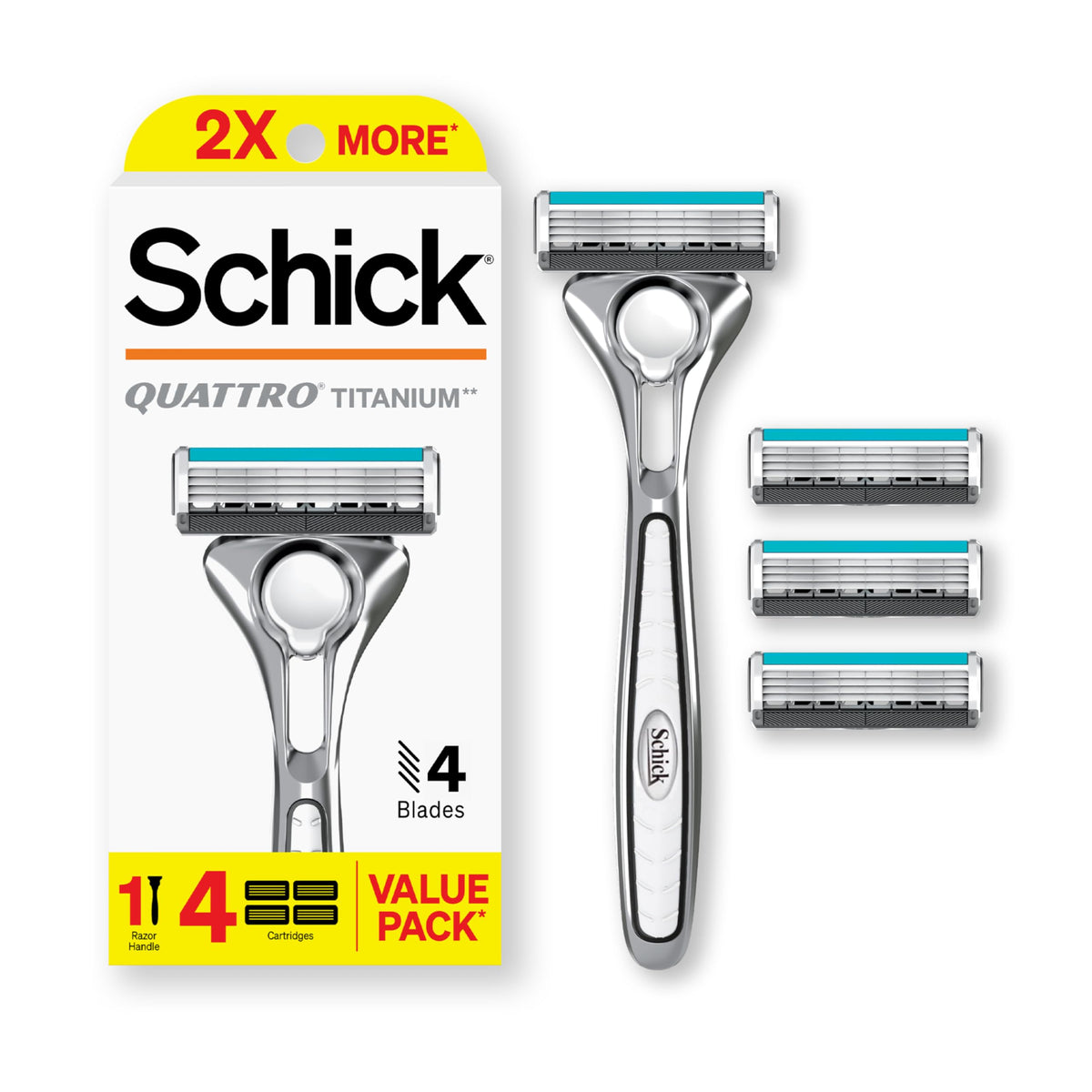Schick Quattro front packaging showing handle and four cartridges for value