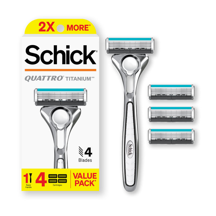 Schick Quattro front packaging showing handle and four cartridges for value
