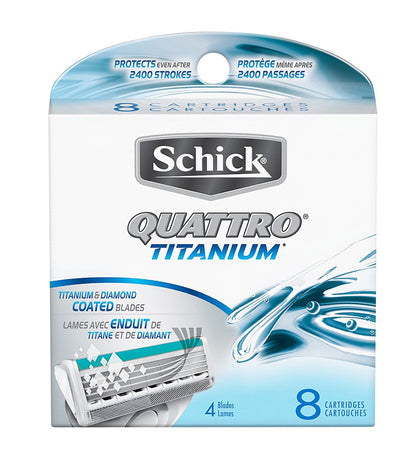 Schick Quattro front packaging showing eight replacement cartridges and product details for convenience