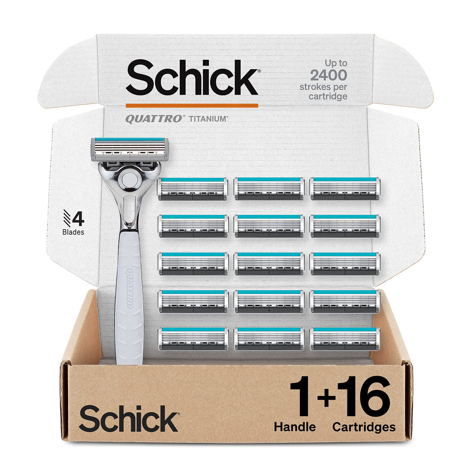 Schick Quattro front view showing handle and attached blade for dependable close shaves